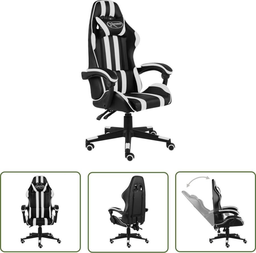 The Living Store Racestoel Luxe Zwart Wit Kunstleer 62 x 69 x (115-130) cm Instelbare zithoogte Racestoel Gamingstoel Kantoorstoel Bureaustoel Kunstleder - Foto 2