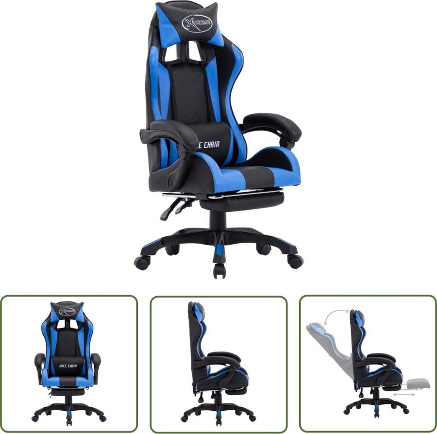 The Living Store Racestoel Verstelbaar Uittrekbare voetsteun Blauw Zwart 64x65x(111.5-119)cm Racestoel Gamingstoel Kantoorstoel Bureaustoel Ergonomische Stoel - Foto 2
