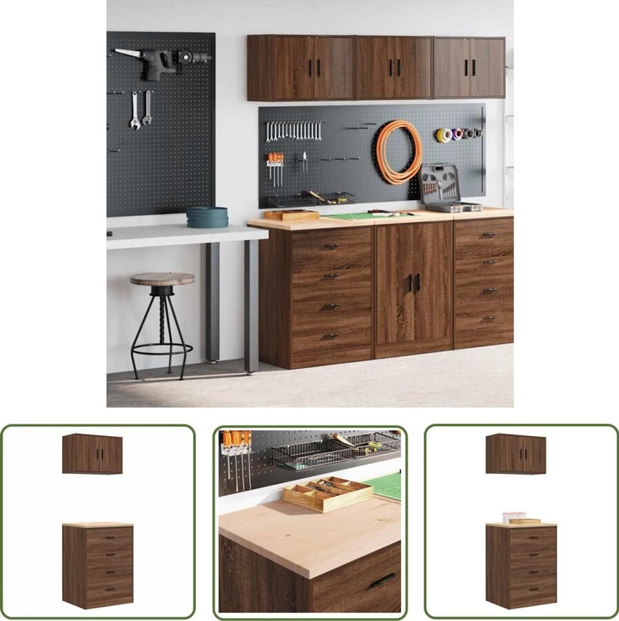VidaXL Garagekasten 2 st spaanplaat bruin eiken Garage Kast Opbergkast Gereedschapsschuif DIY Tools Werkbank
