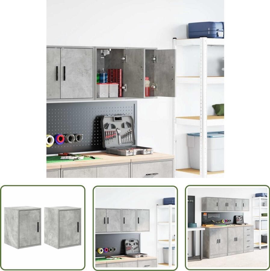 VidaXL Garagewandkasten 2 st bewerkt hout betongrijs Garage Opslag Wandkast Houten Kast Bergruimte Gereedschapsopstelling