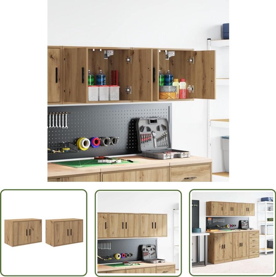 VidaXL Garagewandkasten 2 st spaanplaat ambachtelijk eikenhout Garagekast Houten Kast Opbergkast Muurhanger Gereedschapskast