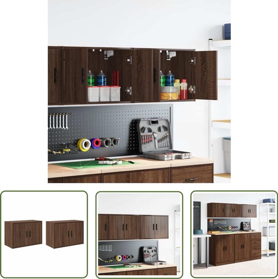VidaXL Garagewandkasten 2 st spaanplaat bruin eiken Garage Opslag Wandkast Houten Kast Bergruimte Gereedschapsopslag