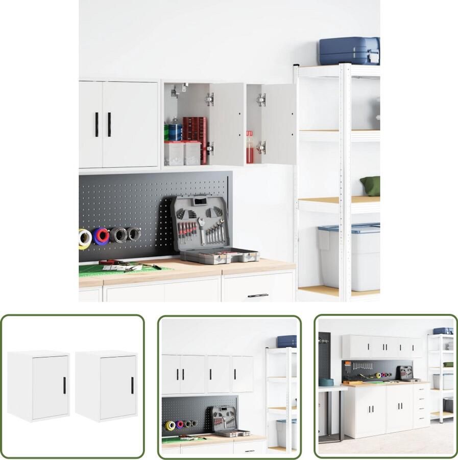 VidaXL Garagewandkasten 2 st spaanplaat wit Garage Opslag Garage Organisatie Wandkast Houten Kast Tool Storage
