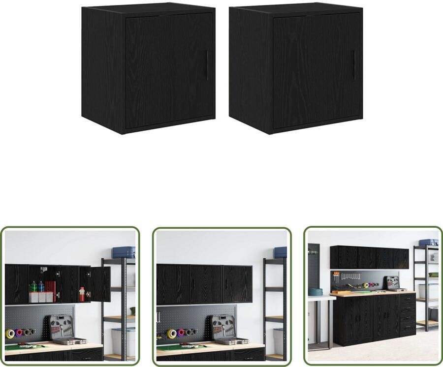 VidaXL Garagewandkasten 2 st spaanplaat zwart Garage Opslag Wandkast Gereedschapskast Houten Kast Zwarte Kast