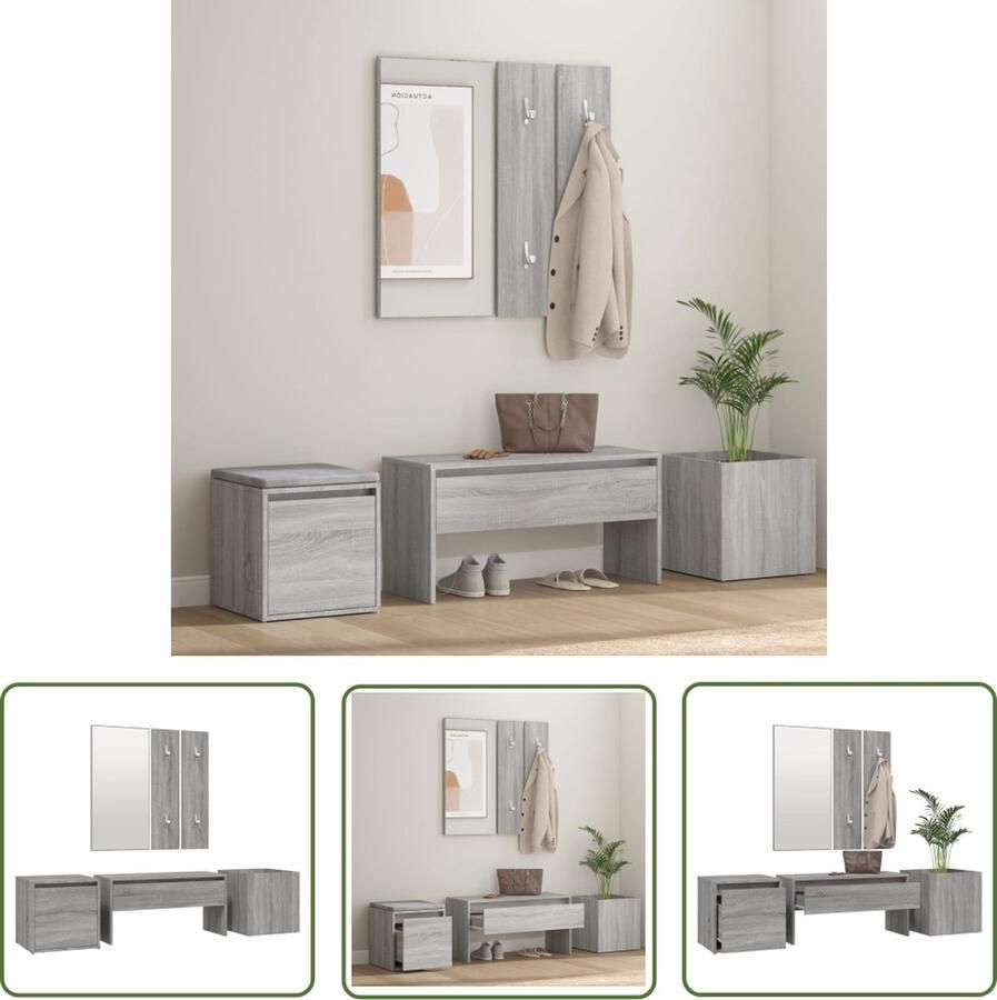 The Living Store Halbank Sonoma Eiken Grijs 80x30.5x40 cm Inclusief spiegel kapstok opbergbox met lade en plantenbak Halbank Garderobe Opbergkast Entreeset Houten Bank - Foto 2