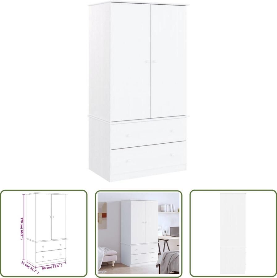 The Living Store ALTA Houten Kledingkast 90x55x170 cm Wit Massief Grenenhout Houten Kledingkast Garderobe Dressoir Opbergkast Grenenhout Kast