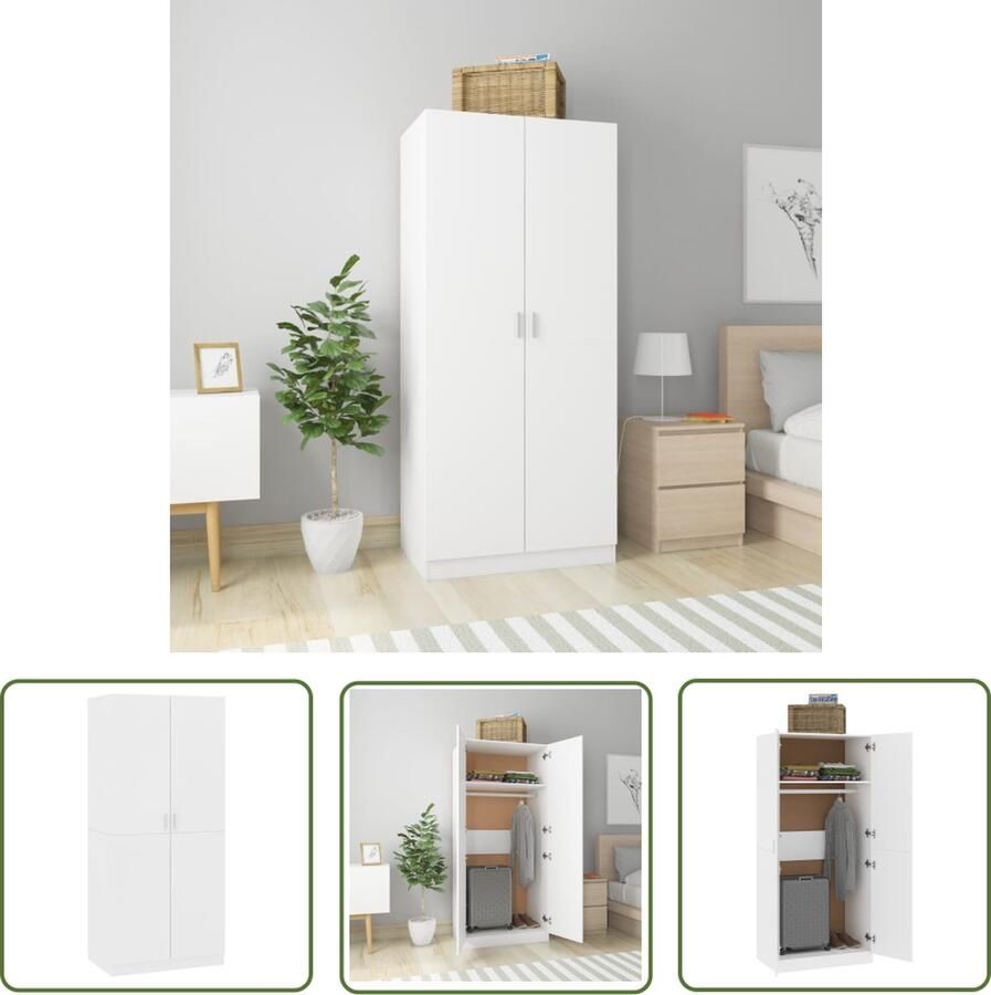 The Living Store Kledingkast Wit 80 x 52 x 180 cm Bewerkt hout 2 deuren Hangstang Kledingkast Garderobe Houten Kast Wit Meubel Bergruimte - Foto 2