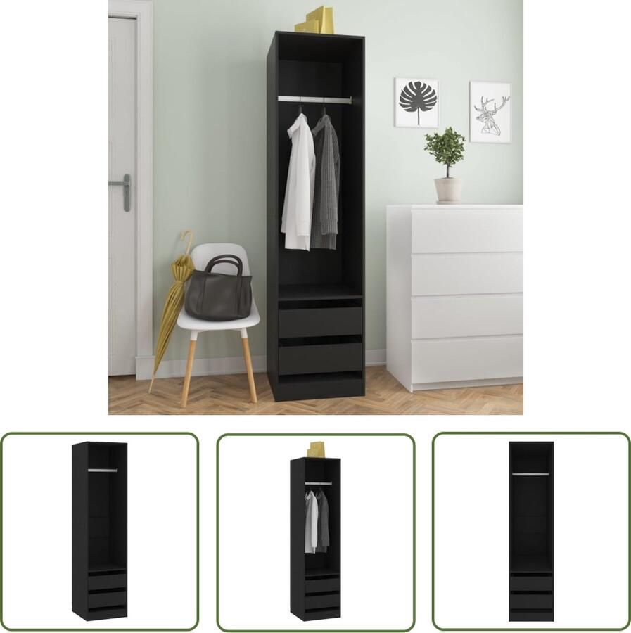 The Living Store Kledingkast met lades 50x50x200 cm bewerkt hout zwart Kledingkast Garderobe Houten Kast Zwarte Kast Kleine Kast - Foto 2