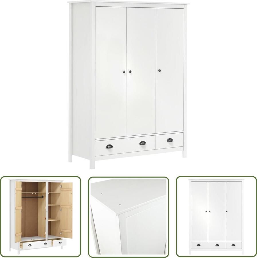 The Living Store Kledingkast Hill 3 deuren 127x50x170 cm massief grenenhout wit Klerenkast Garderobe Houten Kast Bergkast Slaapkamers - Foto 2