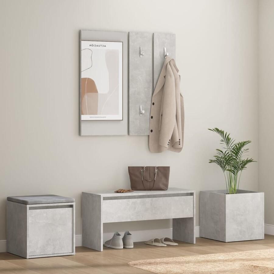 VidaXL Garderobe Set Bewerkt Hout Betongrijs Gangkast Set Hal Meubilair Beton Grijs Houten Kast Opbergkast Entree Bench Mirror Haakjes - Foto 2