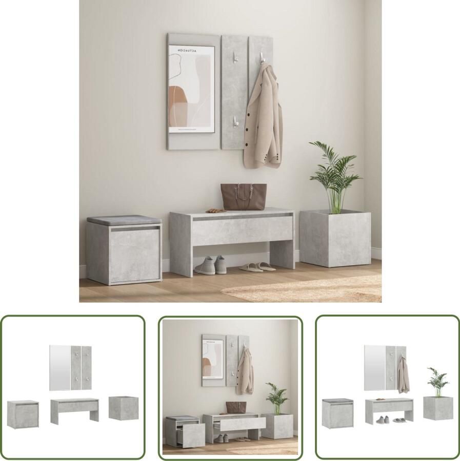 VidaXL Garderobe Set Bewerkt Hout Betongrijs Gangkast Set Hal Meubilair Beton Grijs Houten Kast Opbergkast Entree Bench Mirror Haakjes