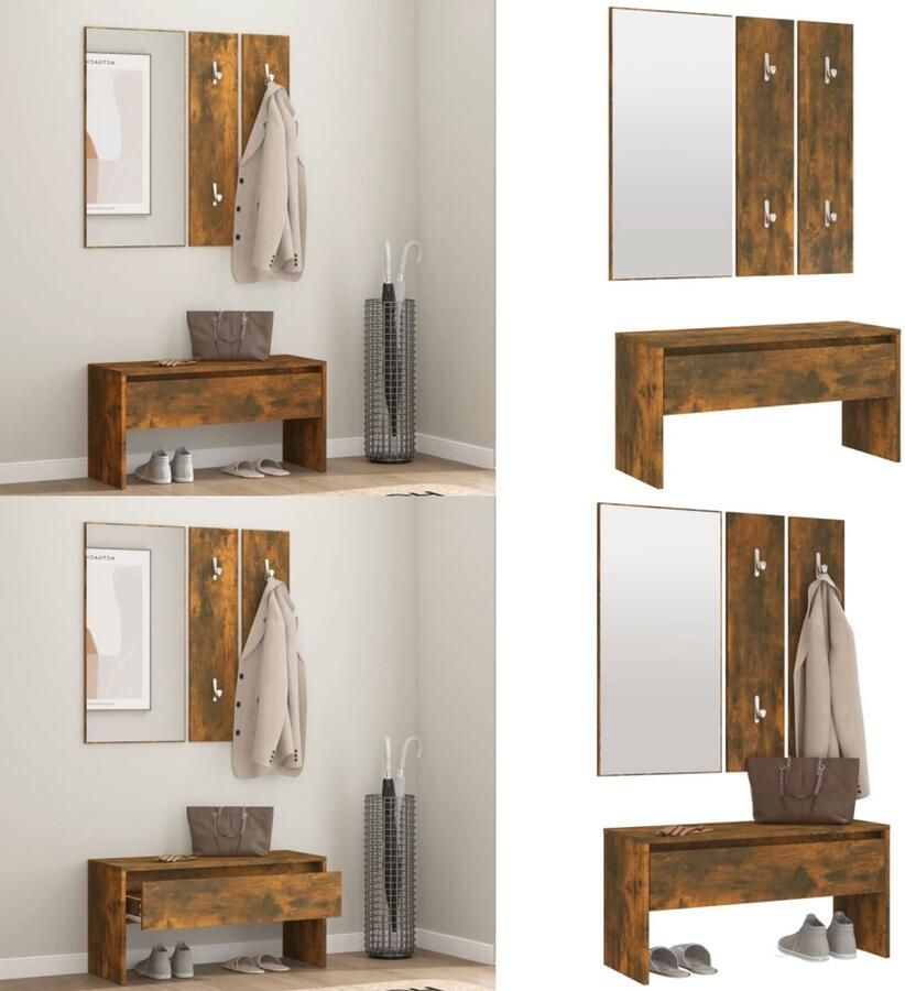 VidaXL Garderobe set bewerkt hout gerookt eikenkleurig Halmeubelset Halmeubelsets Halmeubel Garderobeset - Foto 3