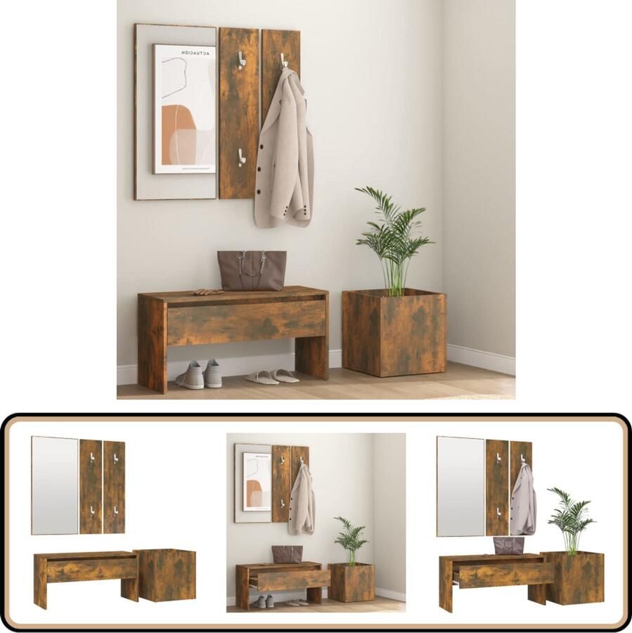 VidaXL Garderobe Set Bewerkte Hout Gerookt Eiken Gangkast Set Hal Meubilair Kastje Voor Entree Houten Bank Spiegels Kapstok Plantenkast Bruine Kleuren