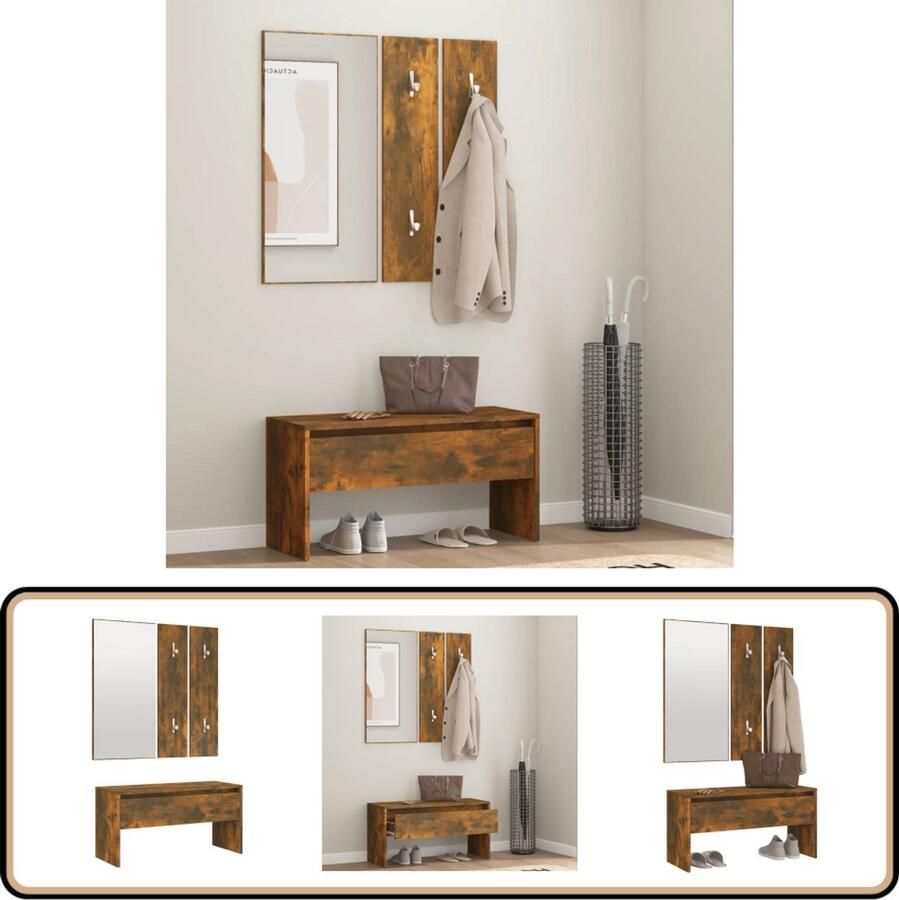 VidaXL Garderobeset Hout Gerookt Eiken Halbank Bruine Halbank Ingerichte Hal Garderobe Kastje Vintage Meubels Houten Bank Compact Meubel Opbergoplossing Mirror
