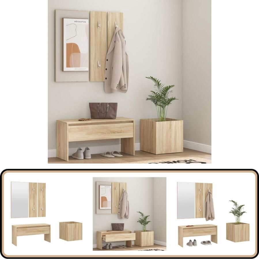 VidaXL Garderobeset Sonoma Eiken Hout Halbank Kast Bergruimte Ontvangsthal Eiken Meubilair Sonome Eiken Vintage Meubels Wandrek Spiegel Kapstok