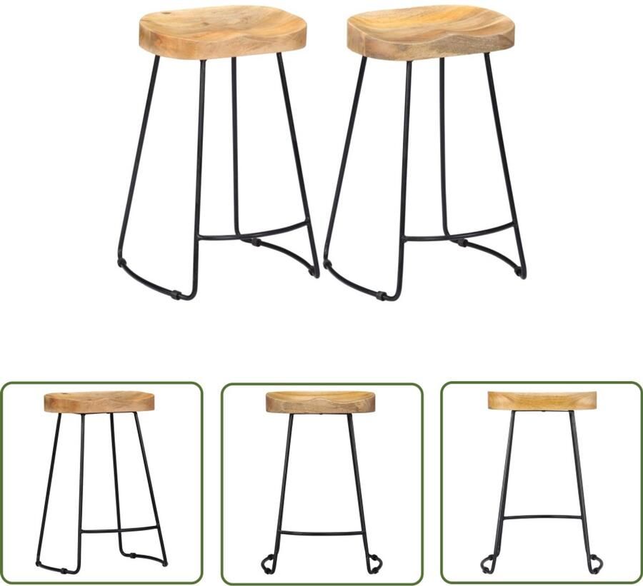 The Living Store Gavin Retro Barkruk Massief Mangohout Set van 2 Bruin Zwart Retro Barkruk Bruine Barkruk Houten Barkruk Mangohouten Barkruk Gavin Barkruk - Foto 2