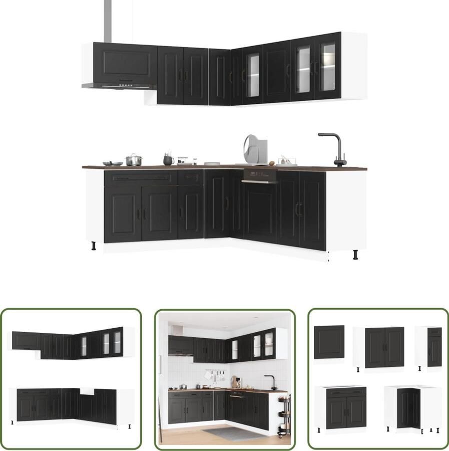 The Living Store 11-delige Keukenkastenset Kalmar bewerkt hout zwart Keukenkasten Kastensets Keukenmeubilair Houten Keukenkasten Zwarte Keukenkasten