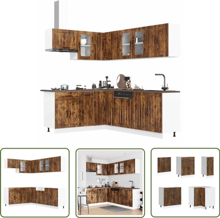 The Living Store 11-delige Keukenkastenset Lucca bewerkt hout gerookt eiken Keukenkasten Houten Keukenkasten Keukenopstelling Gerookte Eiken Meubels Landelijk Interieur