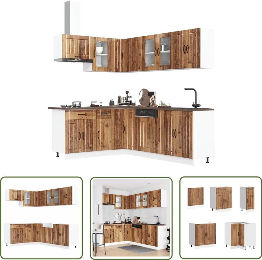 The Living Store 11-delige Keukenkastenset Lucca bewerkt hout oud houtkleurig Keukenkasten Houten Keukenkasten Keukenkast Set Lucca Serie Oude Houtstijl