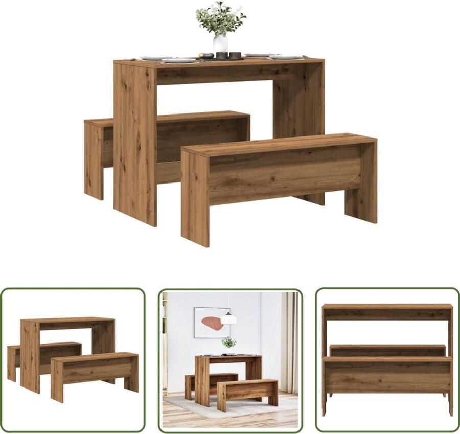 The Living Store 3-delige Eettafel en bankenset bewerkt hout artisanaal eiken Dynamische Sleutel Gereedschap Mechanica Draai Moment Klik Functie