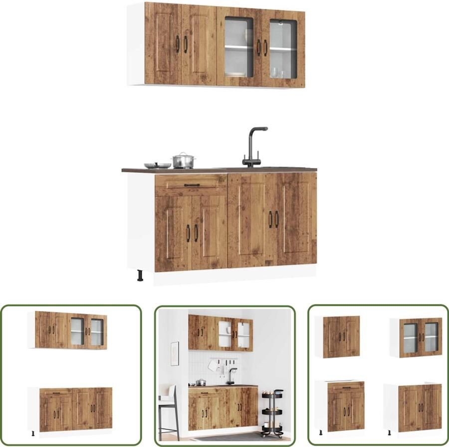 The Living Store 4-delige Keukenkastenset Kalmar bewerkt hout oud houtkleurig Keuken Kast Set Houten Keukenkasten Kalmar Serie Opslagruimte Keuken Vierkante Keukenkasten