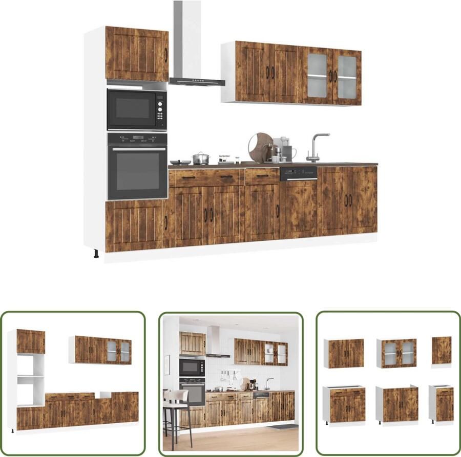 The Living Store 7-delige Keukenkastenset Kalmar bewerkt hout gerookt eiken Keukenkasten Houten Keukenkasten Keukenopstelling Kalmar Serie Gerookt Eiken Meubels