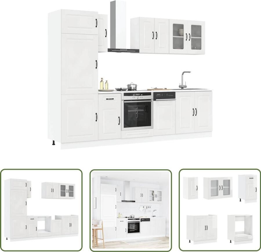 The Living Store 8-delige Keukenkastenset Kalmar bewerkt hout glanzend wit Keukenkasten Kookeiland Keukenopstelling Witte Keuken Houten Keuken