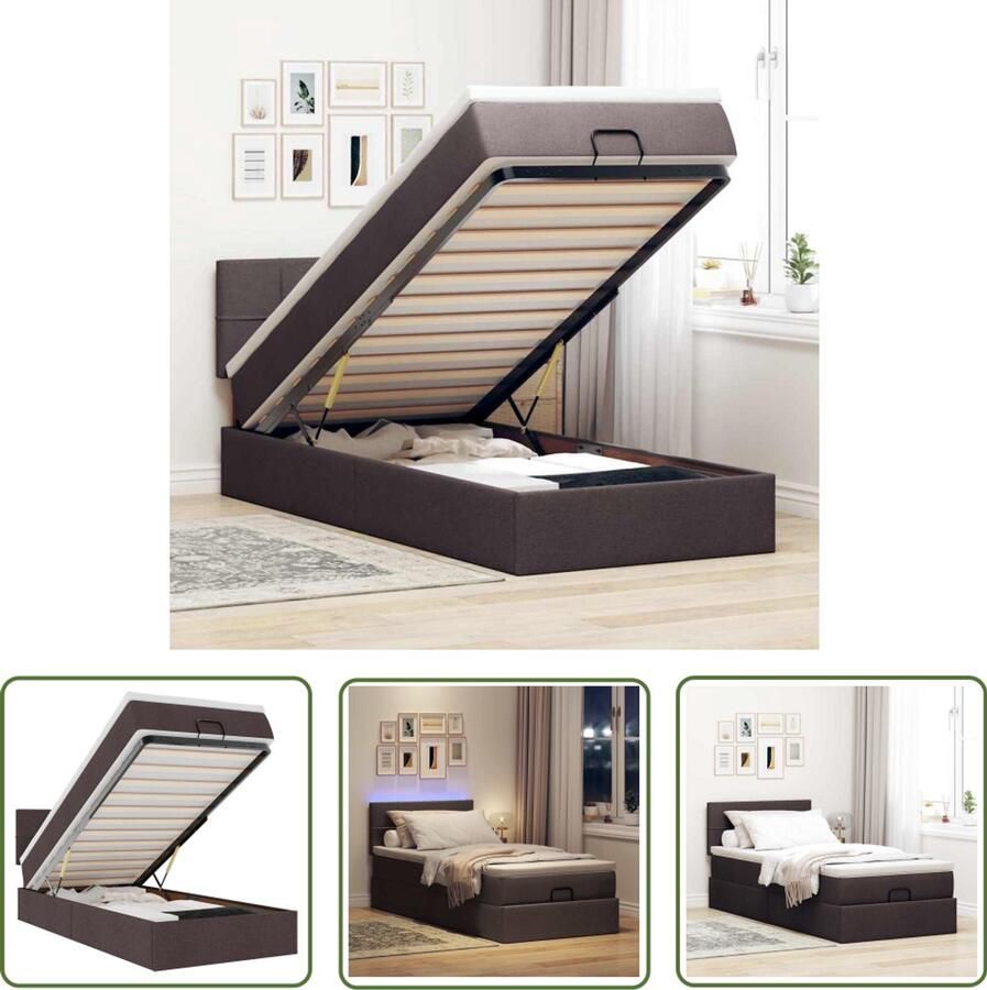 VidaXL Bed poef met matras en LED's 90x200 cm stof donkerbruin Ottoman Bed Boxspring Led Lamp Slaap Bank Stapelbaar Bed