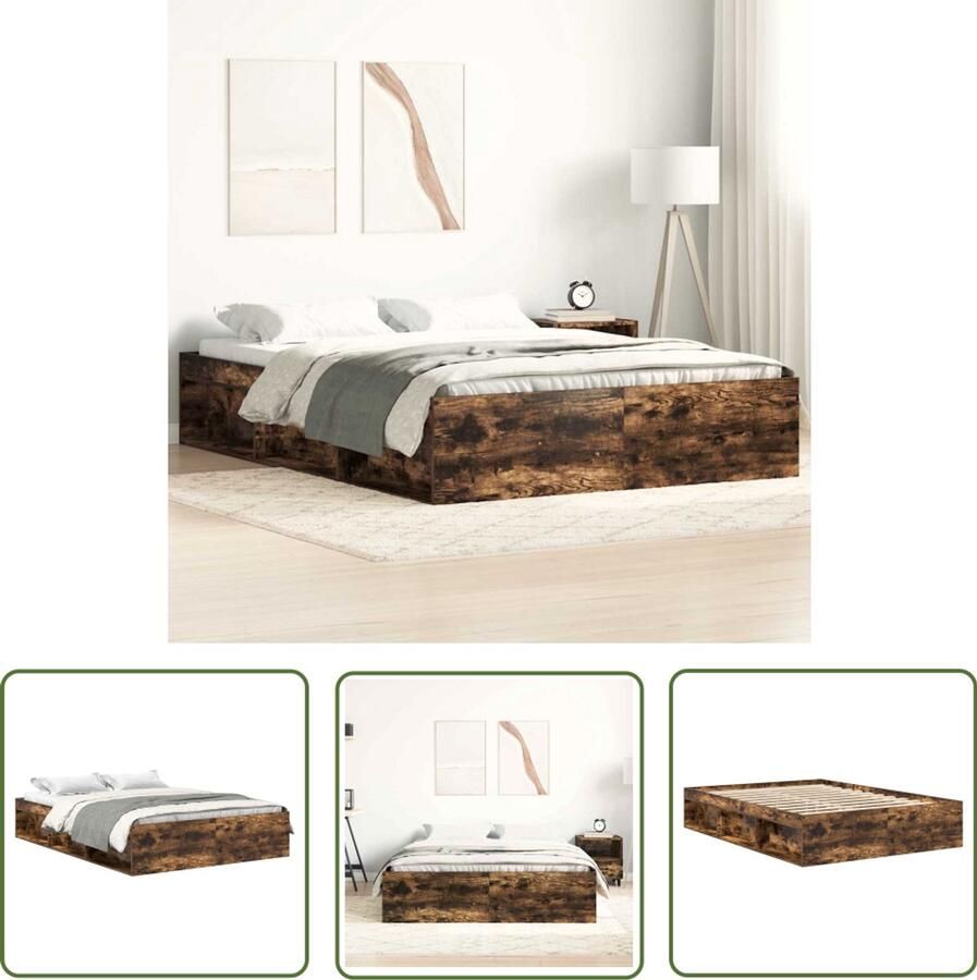 The Living Store Houten Bedframe Gerookt Eiken 203 x 163 x 35 cm Met Extra Opbergruimte Houten Bed Frame Gerookt Eiken Tweepersoons Bed Frame Met Opbergruimte Modern Bed