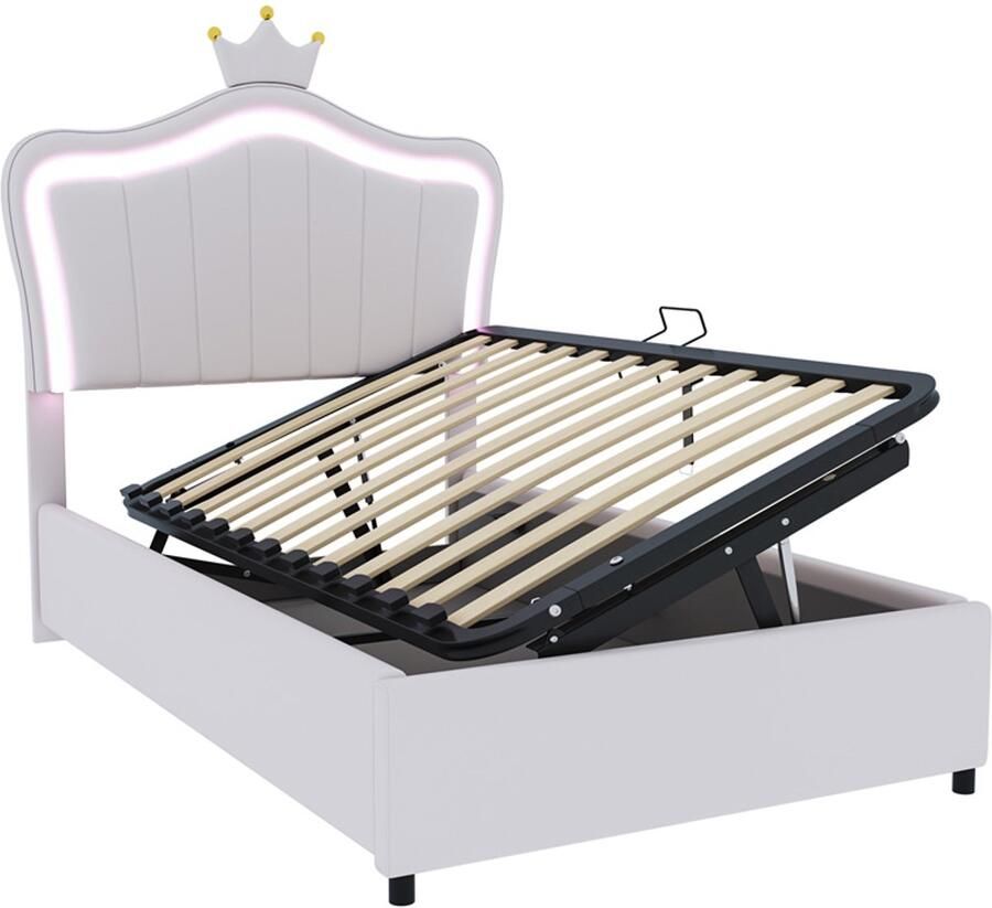 VidaXL Gestoffeerd kinderbed 90x200cm zonder matras met kleurveranderende LED-verlichting en hydraulische opbergruimte kroonvormig hoofdbordontwerp met verstelbare hoogte wit