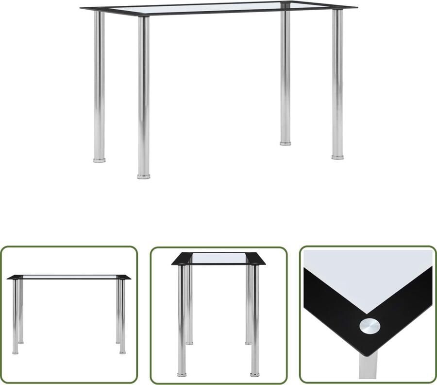 The Living Store Eettafel 120x60x75 cm gehard glas zwart en transparant Eetkamertafel Glas Tafelblad Roestvrijstaal Zwarte Eettafel Modern Tafellamp - Foto 2