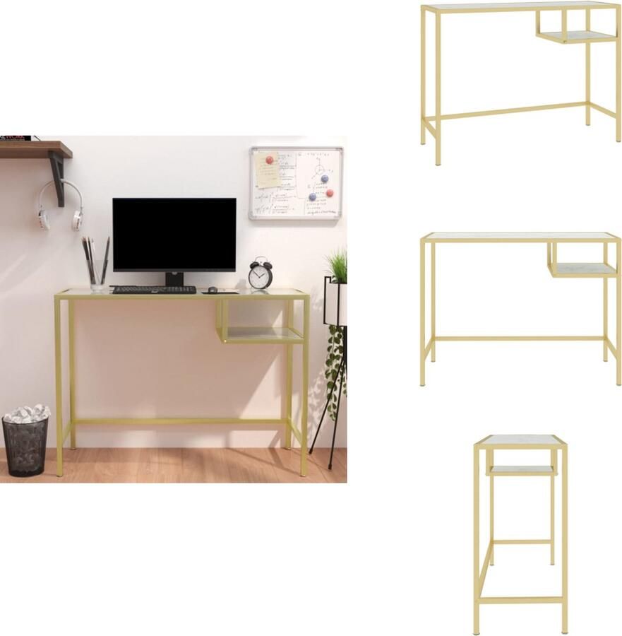 VidaXL Glazen Computertafel Glazen Computertafels Glazen Computerbureau Glazen Computerbureaus Computerbureau 100x36x74 cm glas wit en goudkleurig - Foto 2