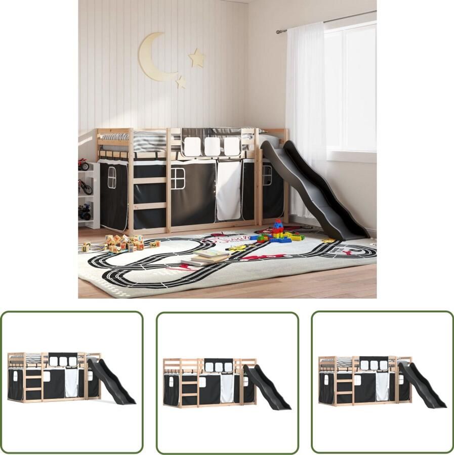 VidaXL Glijbaan Stapelbed met glijbaan en gordijnen wit en zwart 80x200 cm Houten Bed Kids Bed Kinderkamer