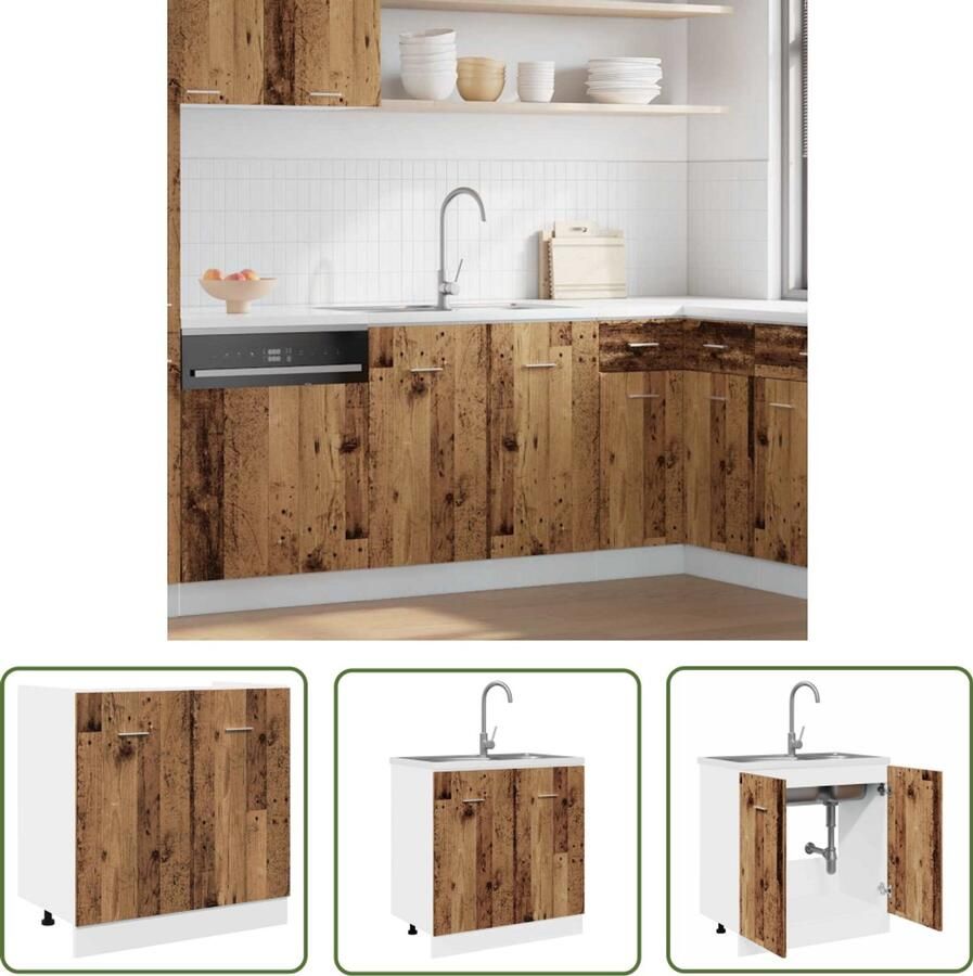 VidaXL Wastafelonderkast Lyon 80x46x81 5 cm bewerkt hout oud houtkleurig Wastafelonderkast Gootsteenkast Keukenopbergruimte Houten Kast Vintage Design