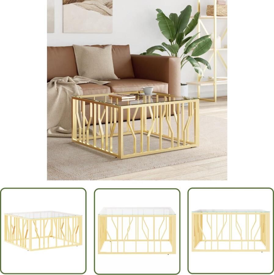 The Living Store Salontafel Modern Goud 80 x 80 x 40 cm Roestvrij Staal Gehard Glas Salontafel Gouden Salontafel Modern Salontafel Metalen Salontafel Glazen Salontafel