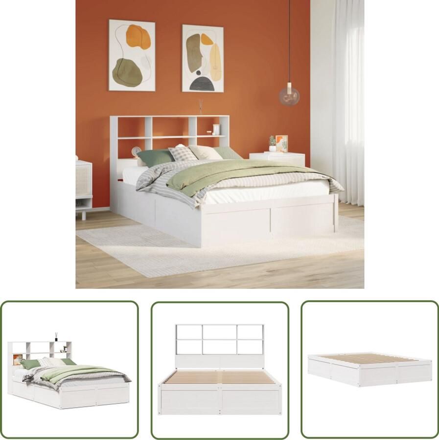 The Living Store Bedframe zonder matras massief grenenhout wit 150x200 cm Massief Hout Bed Grenen Bed Tweepersoons Bed Met Opslag Wit Bed