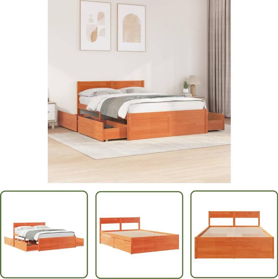 VidaXL Grenen Hout Bed Massief Houten Bed Bedframe zonder matras massief grenenhout wasbruin 135x190 cm Bruine Bed Boxspring Bed Tweepersoons Bed