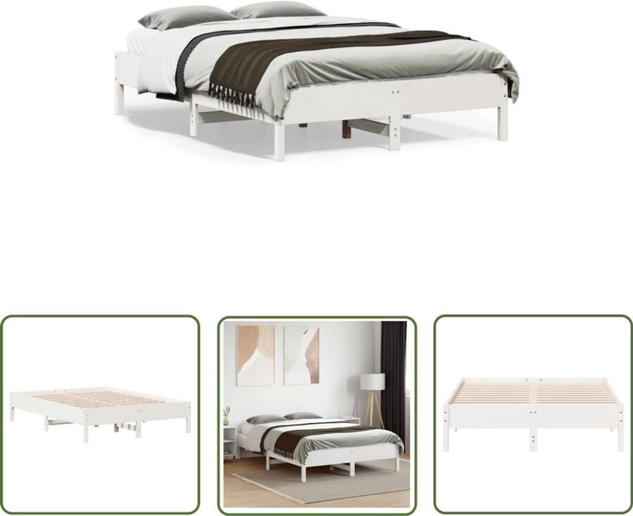 VidaXL Grenen Hout Bed Massief Houten Bed Frame Bedframe zonder matras massief grenenhout wit 135x190 cm Witte Bed Frame Tweepersoons Bed Boxspring Bed