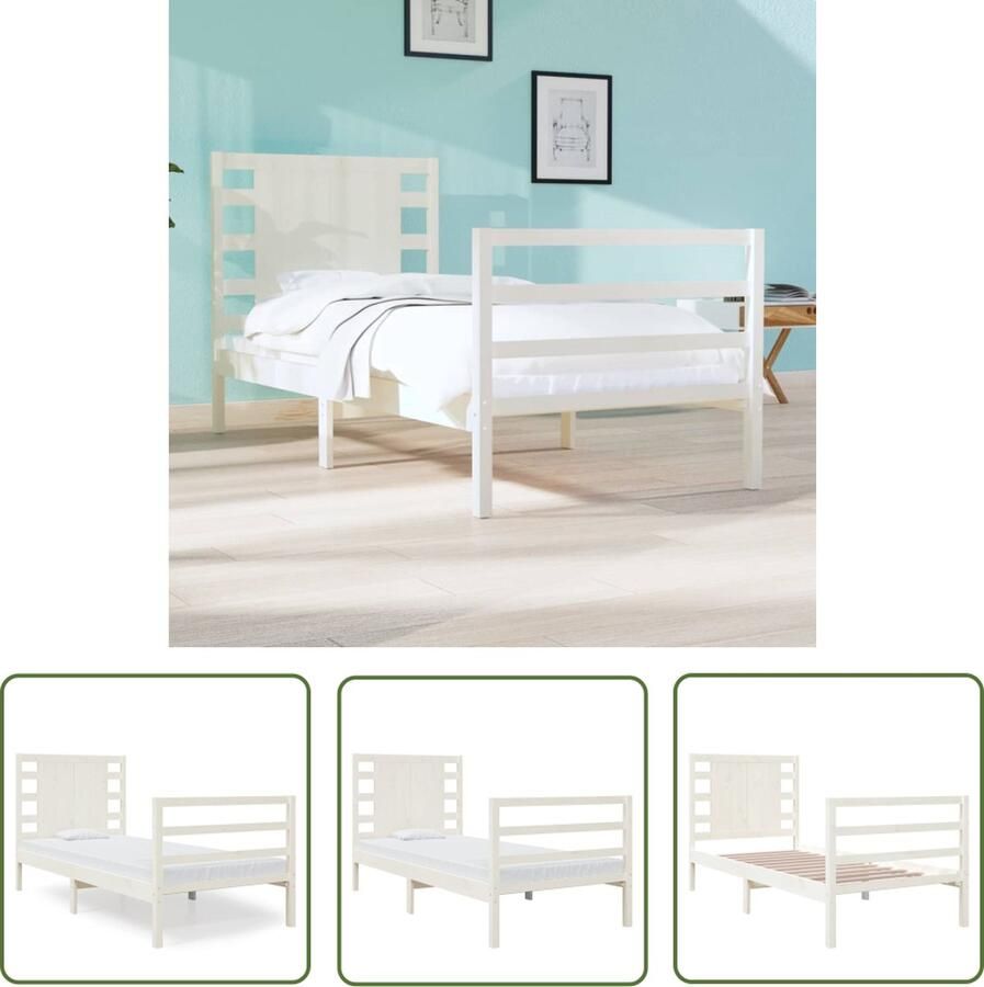 The Living Store Houten bedframe Massief grenenhout 195.5 x 81 x 70 cm Wit Houten Bedframe Grenenhout Bed Enkel Bed Klein Tweepersoonsbed Wit Bed