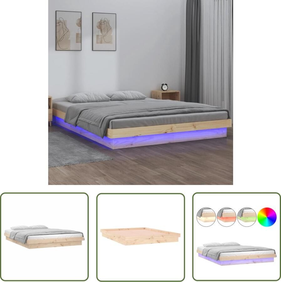 VidaXL Grenenhout Bed Massief Hout Bed Bedframe LED massief hout 140x200 cm Led Verlichting Bed Met Usb Aansluiting Tweepersoons Bed