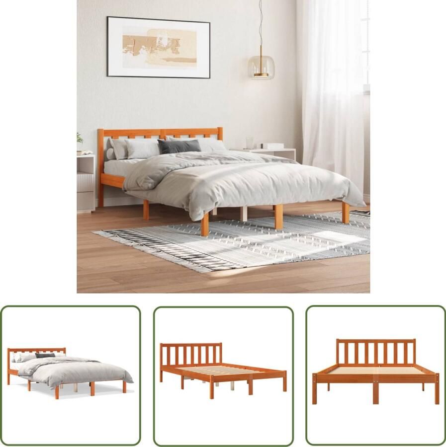 VidaXL Grenenhout Bed Massief Hout Bed Bedframe zonder matras massief grenenhout wasbruin 135x190 cm Bruine Bed Tweepersoons Bed 135x190 - Foto 2