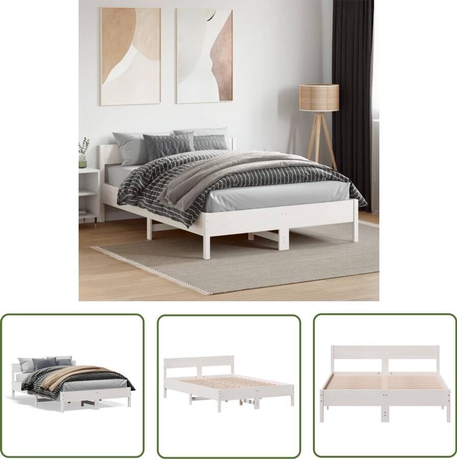 VidaXL Grenenhout Bed Massief Hout Bed Frame Bedframe zonder matras massief grenenhout wit 135x190 cm Witte Bed Frame Tweepersoons Bed Boxspring Bed