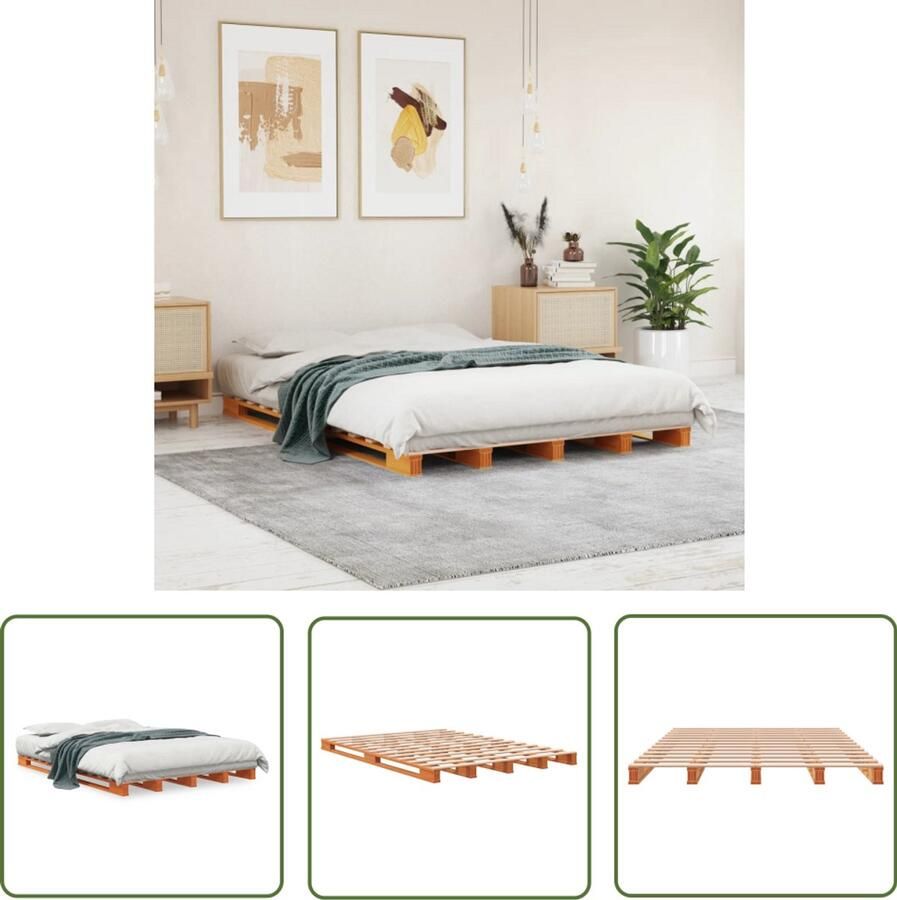 VidaXL Grenenhout Bed Palletbed massief grenenhout wasbruin 140x200 cm Industrieel Bed Vintage Bed Bruine Bed