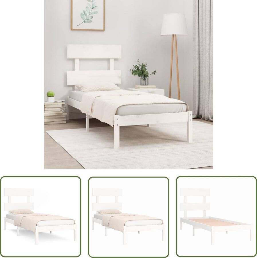 The Living Store Bedframe massief hout wit 100x200 cm Bedframe Bedframes Eenpersoonsbed Bed Bedombouw Frame Bed Frame Ledikant Bedframe Met Hoofdeinde Eenpersoonsbedden Bedden - Foto 3