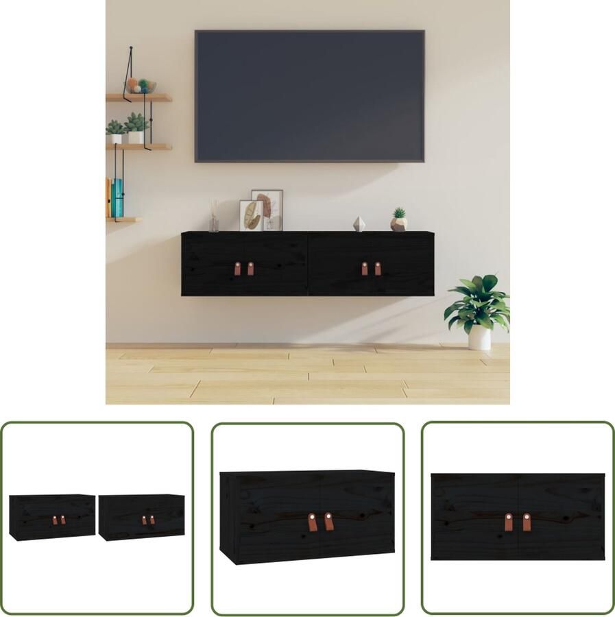 The Living Store Wandkasten 2 st 60x30x30 cm massief grenenhout zwart Wandkast Opbergkast Grenoble Hout Zwarte Kast Salontafel