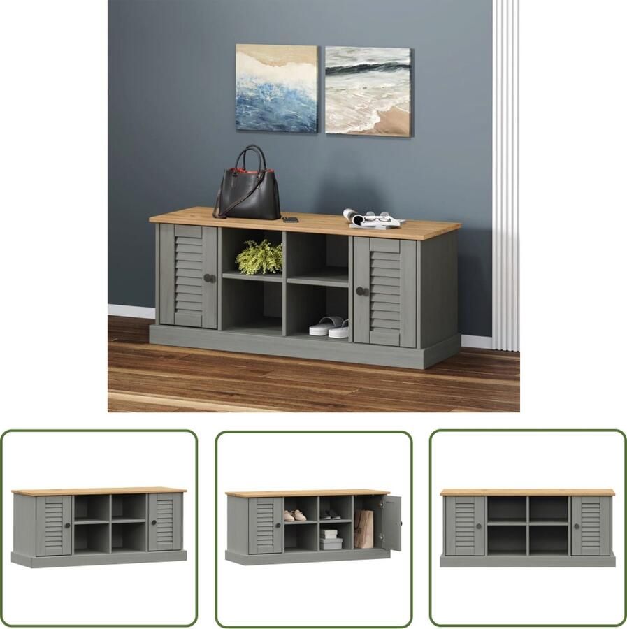 The Living Store VIGO Schoenenbank Massief grenenhout Grijs 106 x 35 x 40 cm Metalen knoppen Schoenenbank Grenenhout Meubilair Entreebank Opbergbank Vintage Schoenzak - Foto 2