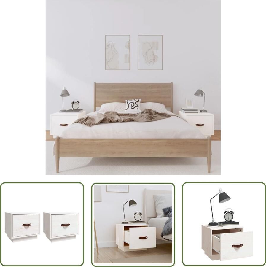 The Living Store Nachtkastjes Grenenhout Wit Set van 2 40x34x35 cm Met lade en kunstleren handgreep Nachtkastjes Grenenhout Witte Meubels Slaapkamermeubilair Opbergkasten - Foto 2
