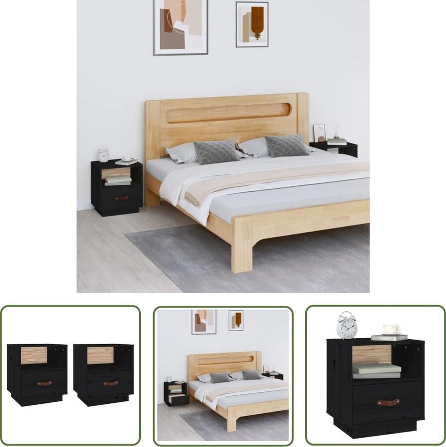 The Living Store Nachtkastjes 2 st 40x34x45 cm massief grenenhout zwart Nachtkastjes Grenenhout Zwarte Nachtkastjes Set Van 2 Slaapkamer Meubilair - Foto 2