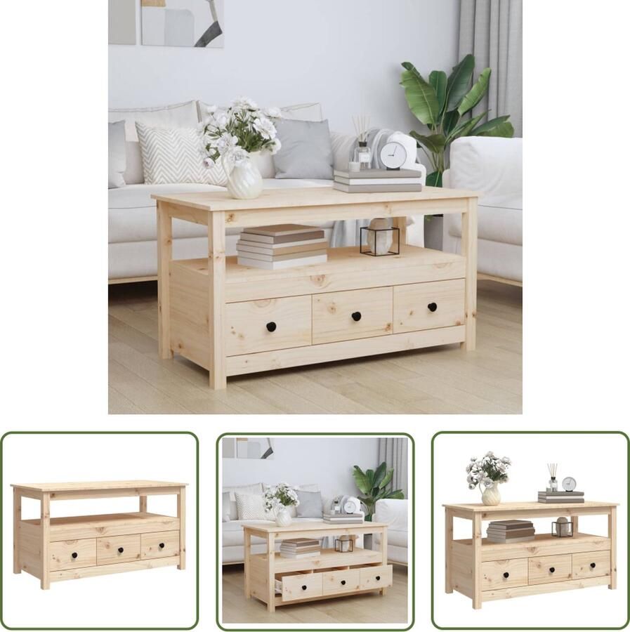 The Living Store Salontafel Grenenhout Massief Houten Frame Open Schap en 3 Lades 102x49x55cm Salontafel Grenenhout Vintage Landelijk Industriële