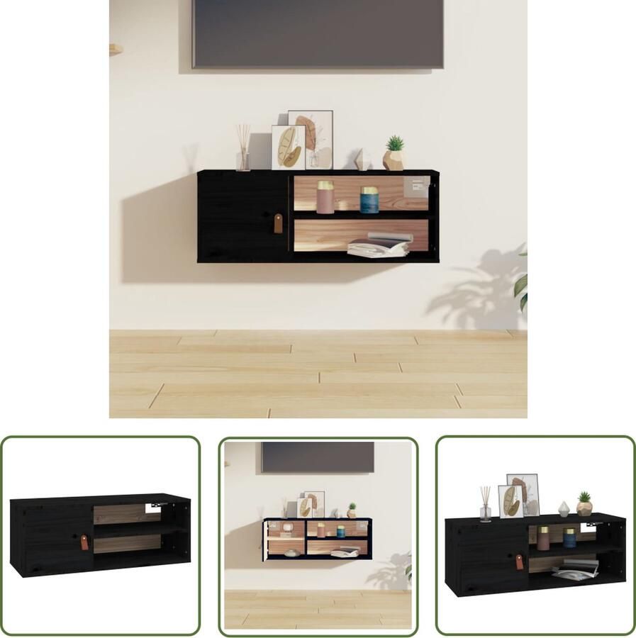 The Living Store Wandkast 80x30x30 cm massief grenenhout zwart Houten Wandkast Grenoble Hout Opbergkast Tv Kast